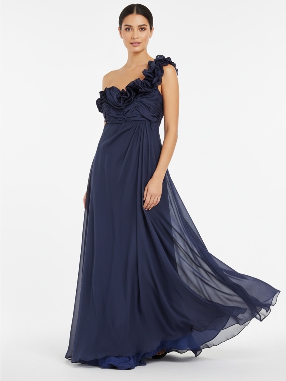 Silk maxi cocktail dress Rickie Freeman Teri Jon blue one shoulder woven size 12